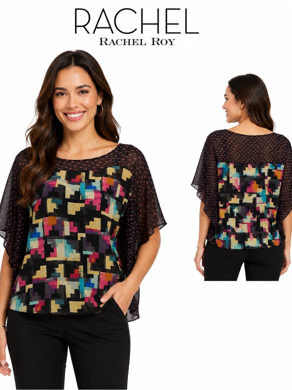 Rachel Rachel Roy Multicolored Abstract Semi Sheer Blouse Small